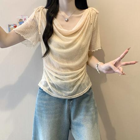 BY21745# 夏装新款胖mm大码女韩系纯欲荡领漂亮短袖小衫上衣 服裝批發女裝批發服飾貨源