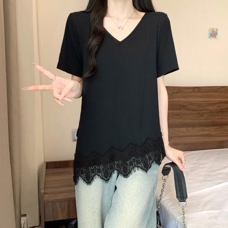 BY21747# 夏装新款胖mm大码女设计感v领拼接蕾丝不规则短袖T恤 服裝批發女裝批發服飾貨源