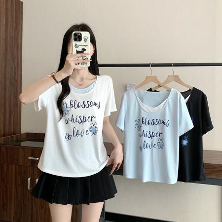 BY21748# 夏装新款胖mm大码女撞色假两件印花字母显瘦短袖T恤 服裝批發女裝批發服飾貨源