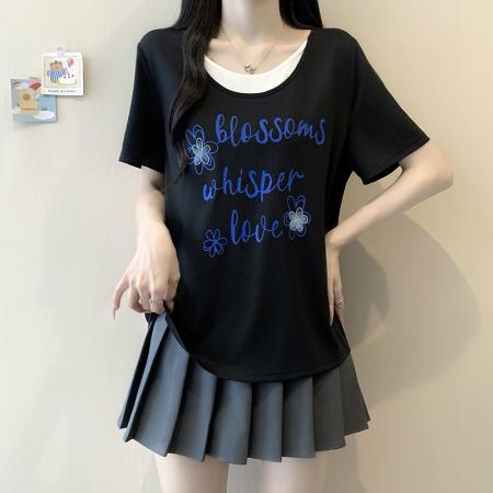 BY21748# 夏装新款胖mm大码女撞色假两件印花字母显瘦短袖T恤 服裝批發女裝批發服飾貨源