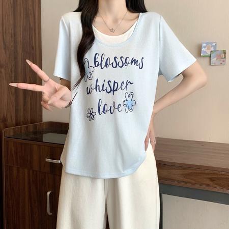 BY21748# 夏装新款胖mm大码女撞色假两件印花字母显瘦短袖T恤 服裝批發女裝批發服飾貨源