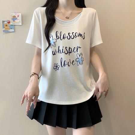 BY21748# 夏装新款胖mm大码女撞色假两件印花字母显瘦短袖T恤 服裝批發女裝批發服飾貨源