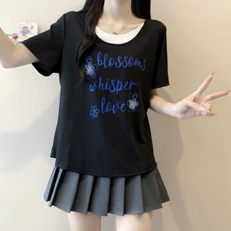 BY21748# 夏装新款胖mm大码女撞色假两件印花字母显瘦短袖T恤 服裝批發女裝批發服飾貨源