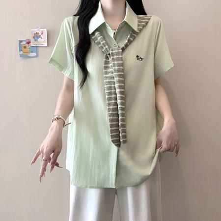 BY21749# 夏装新款胖mm大码女休闲学院风假两件衬衫上衣 服裝批發女裝批發服飾貨源