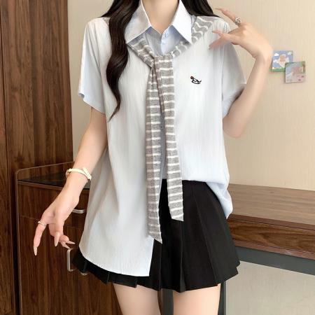 BY21749# 夏装新款胖mm大码女休闲学院风假两件衬衫上衣 服裝批發女裝批發服飾貨源