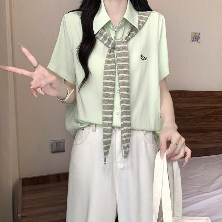 BY21749# 夏装新款胖mm大码女休闲学院风假两件衬衫上衣 服裝批發女裝批發服飾貨源
