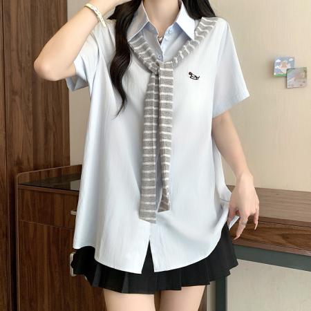 BY21749# 夏装新款胖mm大码女休闲学院风假两件衬衫上衣 服裝批發女裝批發服飾貨源