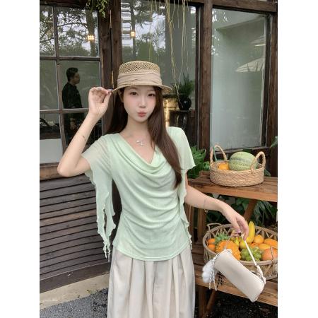 BY21750# 夏装新款胖mm大码女设计感荡领重工烫钻满天星短袖上衣 服裝批發女裝批發服飾貨源