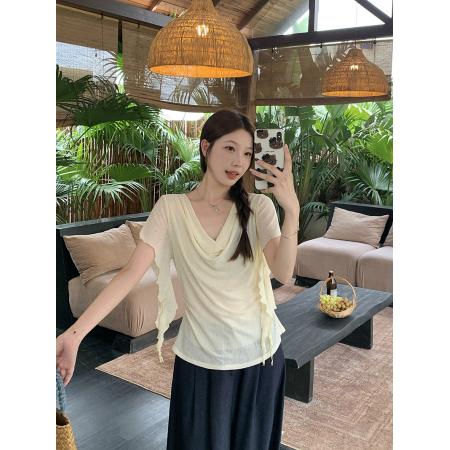 BY21750# 夏装新款胖mm大码女设计感荡领重工烫钻满天星短袖上衣 服裝批發女裝批發服飾貨源