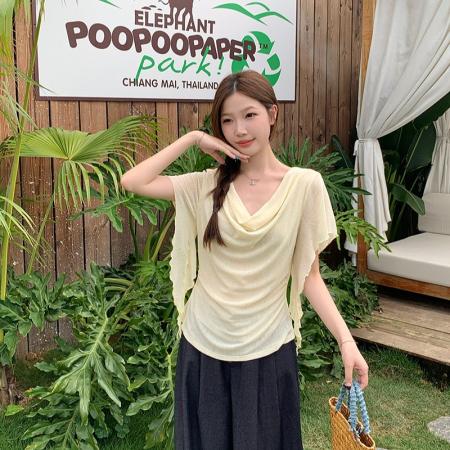 BY21750# 夏装新款胖mm大码女设计感荡领重工烫钻满天星短袖上衣 服裝批發女裝批發服飾貨源