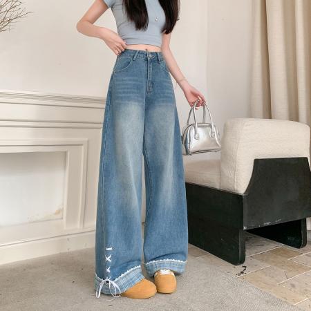 BY21753# 蝴蝶结绑带翻边牛仔裤女新款设计感宽松直筒裤阔腿裤子 服裝批發女裝批發服飾貨源