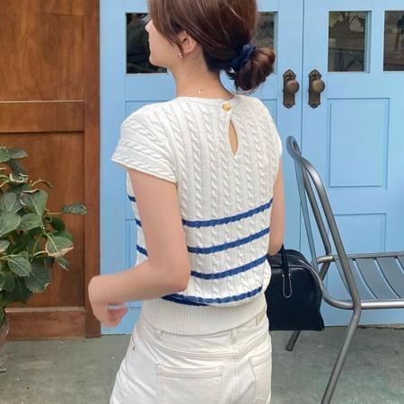 BY21782# 韩国八奶新品夏季短袖针织衫气质通勤修身条纹上衣女 服裝批發女裝批發服飾貨源