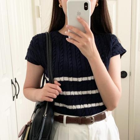 BY21782# 韩国八奶新品夏季短袖针织衫气质通勤修身条纹上衣女 服裝批發女裝批發服飾貨源