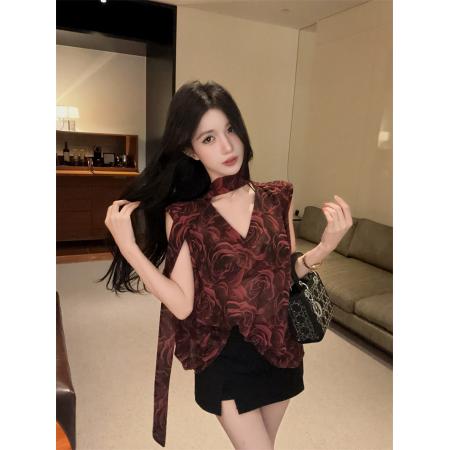 BY21808# 复古风无袖印花衬衫飘带设计感夏季新款系带雪纺衫上衣 服裝批發女裝批發服飾貨源