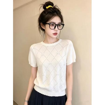 BY21812# 时髦减龄穿搭菱格蝴蝶结短袖针织女夏季宽松显瘦通勤上衣 服裝批發女裝批發服飾貨源