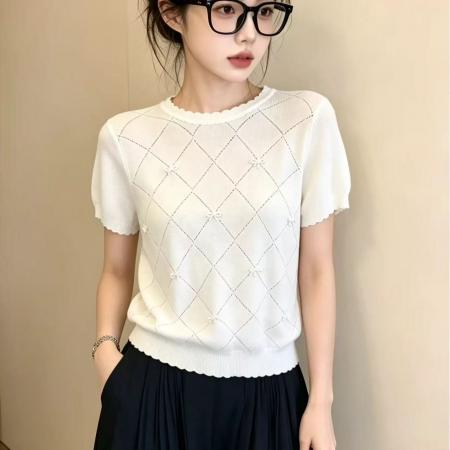 BY21812# 时髦减龄穿搭菱格蝴蝶结短袖针织女夏季宽松显瘦通勤上衣 服裝批發女裝批發服飾貨源