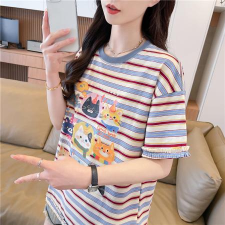 BY21865# 圆领短袖条纹t恤女韩版新款印花插色拼接上衣女 服裝批發女裝批發服飾貨源