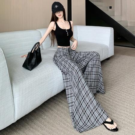 BY21888# 新款复古格子阔腿裤女松弛感穿搭时尚百搭慵懒风高腰裤裙夏季薄款 服裝批發女裝批發服飾貨源