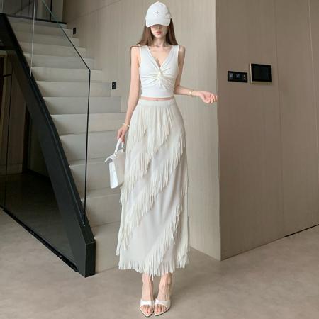 BY21889# 立体设计感斜纹流苏半身裙女夏季新款法式气质高腰显瘦小个子长裙 服裝批發女裝批發服飾貨源