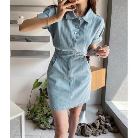 BY21906# 夏款气质女人舒适软牛仔单排扣牛仔连衣裙 服裝批發女裝批發服飾貨源