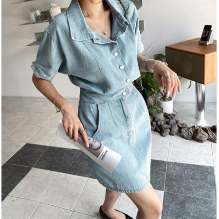 BY21906# 夏款气质女人舒适软牛仔单排扣牛仔连衣裙 服裝批發女裝批發服飾貨源