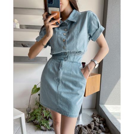 BY21906# 夏款气质女人舒适软牛仔单排扣牛仔连衣裙 服裝批發女裝批發服飾貨源