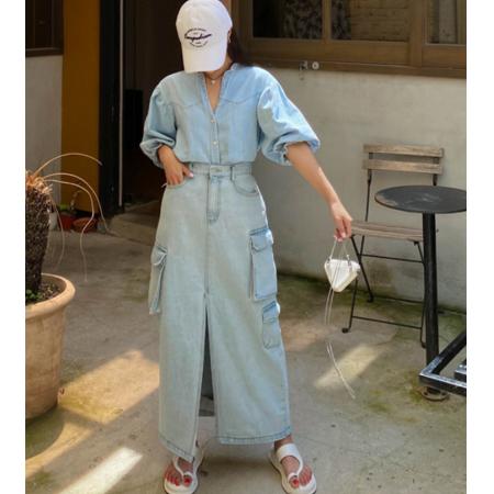 BY21907# 现直筒开衩牛仔裙侧口袋半身裙休闲长裙 服裝批發女裝批發服飾貨源