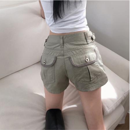 BY21910# 可爱高腰带扣外口袋短裤3色 服裝批發女裝批發服飾貨源