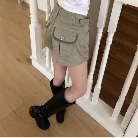 BY21910# 可爱高腰带扣外口袋短裤3色 服裝批發女裝批發服飾貨源