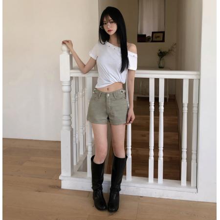 BY21910# 可爱高腰带扣外口袋短裤3色 服裝批發女裝批發服飾貨源