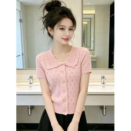 BY21914# 夏季新款韩系女装别致漂亮减龄时尚气质短袖镂空针织T恤上衣爆款 服裝批發女裝批發服飾貨源