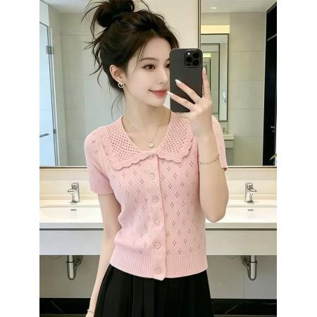 BY21914# 夏季新款韩系女装别致漂亮减龄时尚气质短袖镂空针织T恤上衣爆款 服裝批發女裝批發服飾貨源