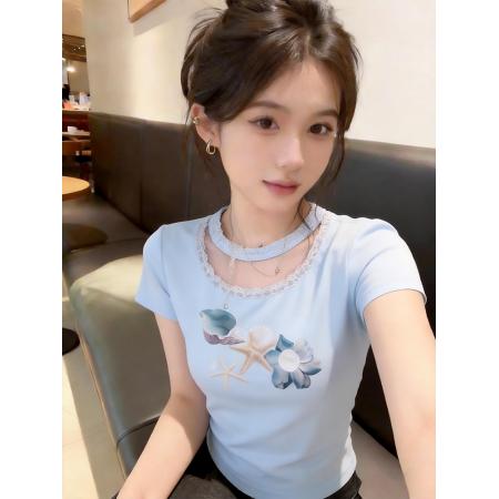 BY21917# 夏季多巴胺漂亮巨好看挂脖修身短袖t恤女独特绝美设计感上衣小众 服裝批發女裝批發服飾貨源