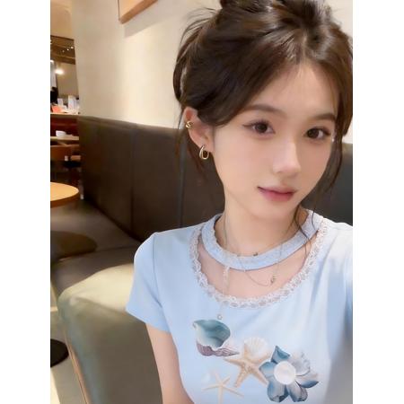 BY21917# 夏季多巴胺漂亮巨好看挂脖修身短袖t恤女独特绝美设计感上衣小众 服裝批發女裝批發服飾貨源
