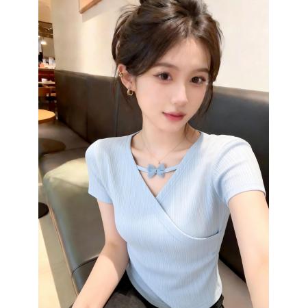 BY21918# 蓝色V领短袖T恤女夏新款蝴蝶结开叉不规则收腰正肩体恤短上衣 服裝批發女裝批發服飾貨源