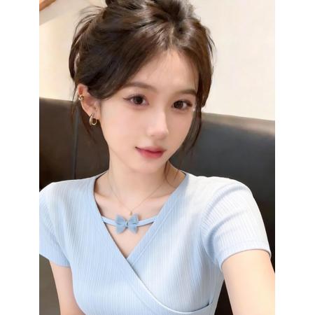 BY21918# 蓝色V领短袖T恤女夏新款蝴蝶结开叉不规则收腰正肩体恤短上衣 服裝批發女裝批發服飾貨源
