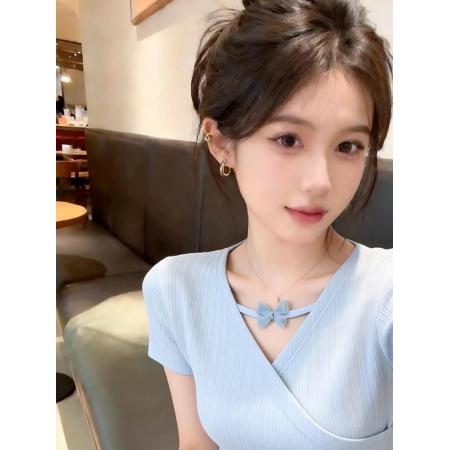 BY21918# 蓝色V领短袖T恤女夏新款蝴蝶结开叉不规则收腰正肩体恤短上衣 服裝批發女裝批發服飾貨源