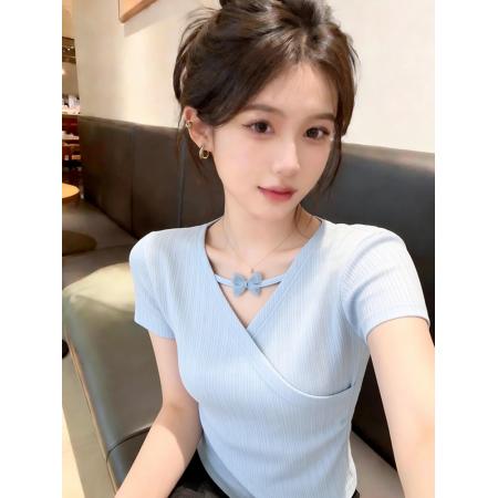 BY21918# 蓝色V领短袖T恤女夏新款蝴蝶结开叉不规则收腰正肩体恤短上衣 服裝批發女裝批發服飾貨源