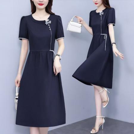 BY21927# PLYC藏蓝夏季新品连衣裙气质显瘦修身女装时尚打底收腰洋气 服裝批發女裝批發服飾貨源