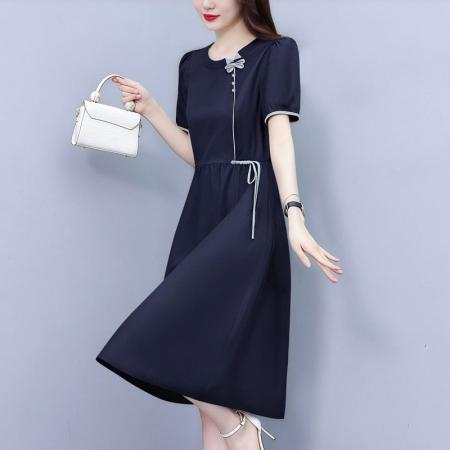 BY21927# PLYC藏蓝夏季新品连衣裙气质显瘦修身女装时尚打底收腰洋气 服裝批發女裝批發服飾貨源