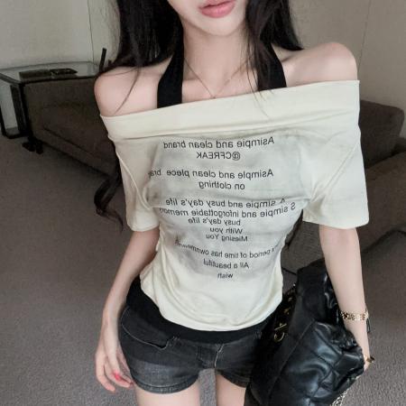 BY21932# 设计感小众一字领假两件挂脖T恤女短袖字母印花显瘦上衣 服裝批發女裝批發服飾貨源