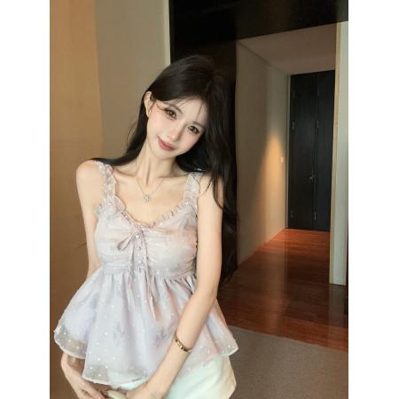 BY21935# 性感V领木耳边碎花雪纺吊带背心女夏季无袖上衣 服裝批發女裝批發服飾貨源