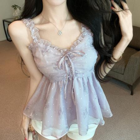 BY21935# 性感V领木耳边碎花雪纺吊带背心女夏季无袖上衣 服裝批發女裝批發服飾貨源