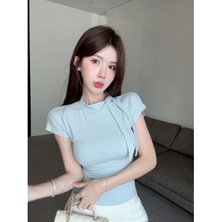 BY21937# 夏季新款设计感系带围巾领T恤女显瘦百搭上衣 服裝批發女裝批發服飾貨源