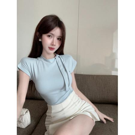 BY21937# 夏季新款设计感系带围巾领T恤女显瘦百搭上衣 服裝批發女裝批發服飾貨源