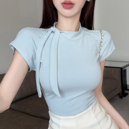 BY21937# 夏季新款设计感系带围巾领T恤女显瘦百搭上衣 服裝批發女裝批發服飾貨源