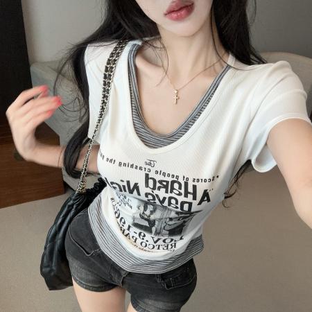 BY21938# 设计感夏季假两件短袖字母印花T恤女修身显瘦小众上衣 服裝批發女裝批發服飾貨源