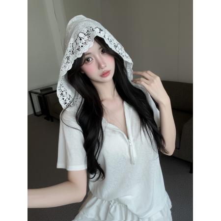 BY21939# 设计感宽松显瘦半拉链连帽T恤女蕾丝边短裙两件套装 服裝批發女裝批發服飾貨源