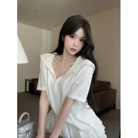 BY21939# 设计感宽松显瘦半拉链连帽T恤女蕾丝边短裙两件套装 服裝批發女裝批發服飾貨源