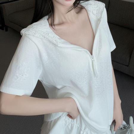 BY21939# 设计感宽松显瘦半拉链连帽T恤女蕾丝边短裙两件套装 服裝批發女裝批發服飾貨源